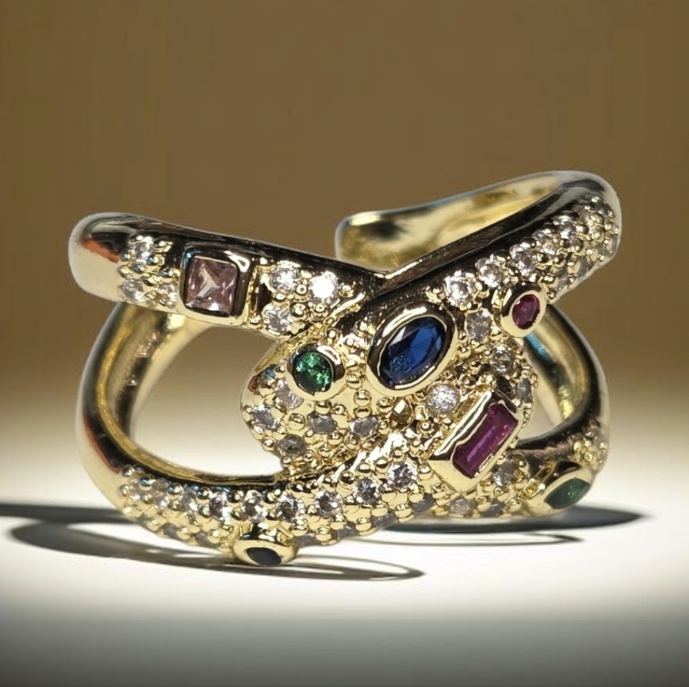 14k Gold Plated Coiled Snake Serpent Jeweled Crystal Ring